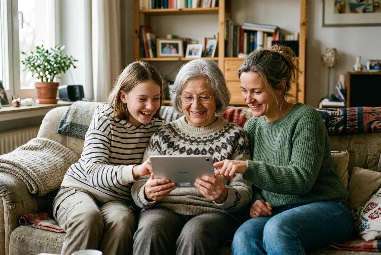 Familie sitzt entspannt zusammen auf dem Sofa und richtet das Tablet gemeinsam ein